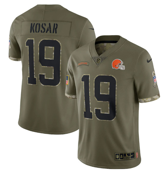 Men's Cleveland Browns #19 Bernie Kosar 2022 Olive Salute To Service Limited Stitched Jersey